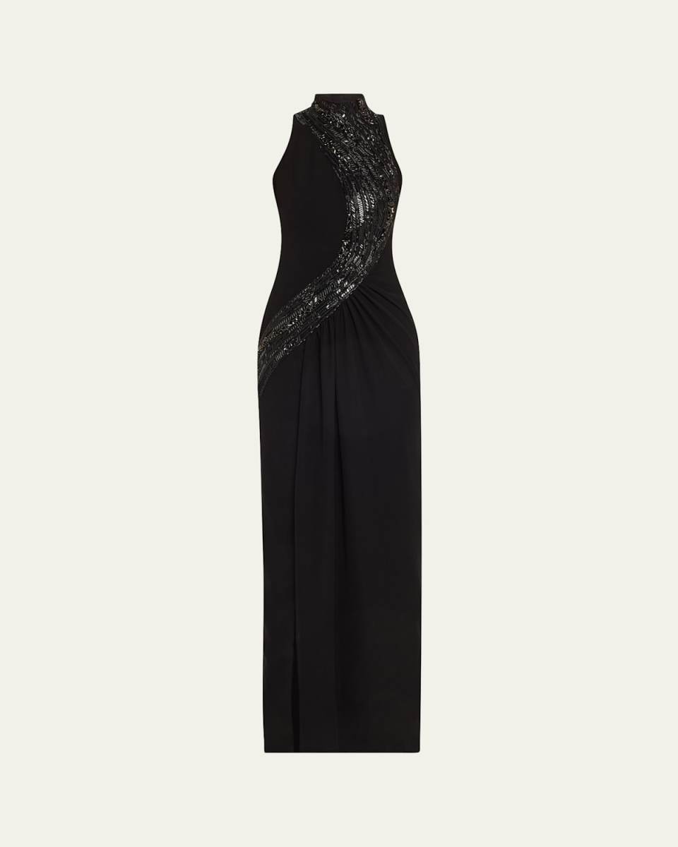 Wave Crystal Embroidered Slit Gown
